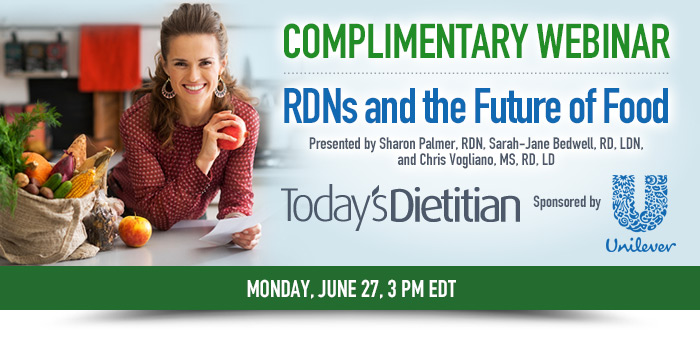 Complimentery Webinar: RDNs and the Future of Food - Presented by Sharon Palmer, RDN, Sarah-Jane Bedwell, RD, LDN, and Chris Vogliano, MS RD, LD - Monday, June 27, 3 PM EDT