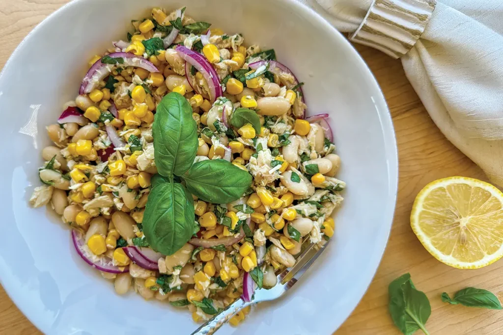 Tuna, Bean, and Corn Salad in a white bowl