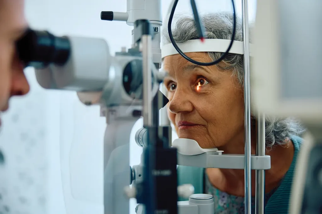 Senior woman getting an eye exam